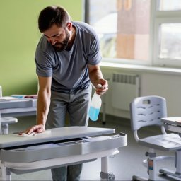 Firma sprzątająca EKOBRIS - Profesjonalne usługi sprzątania - Mężczyzna z brodą, w szarej koszulce, czyści wilgotną ściereczką blat szkolnej ławki, spryskując go płynem z białej butelki z niebieską zawartością. W tle zielona ściana i okno z grzejnikiem.