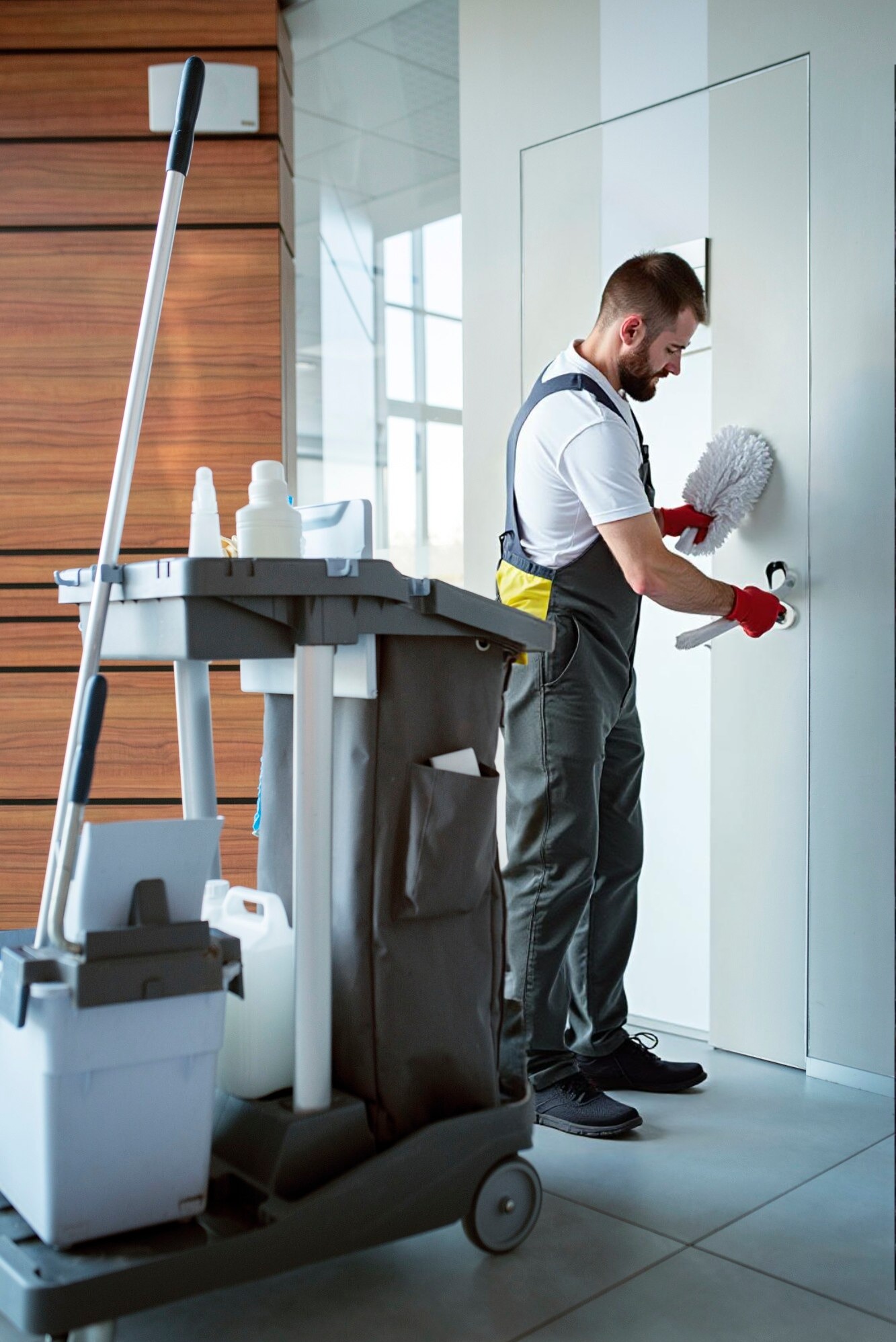 Mężczyzna w kombinezonie roboczym i czerwonych rękawicach czyści białe drzwi wewnętrzne za pomocą miotełki z piór, obok wózek serwisowy z detergentami i sprzętem do sprzątania.