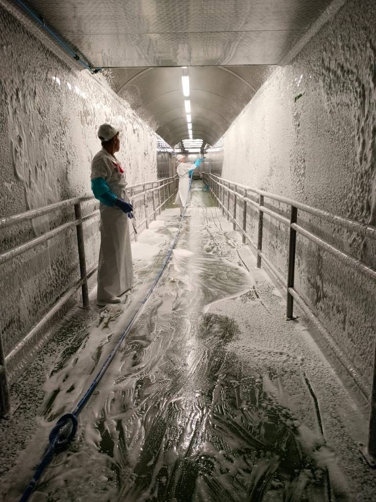 Pracownicy w kombinezonach ochronnych i kaskach czyszczą halę produkcyjną pokrytą pianą, używając węża ciśnieniowego. Widoczne metalowe barierki po bokach i oświetlenie sufitowe.