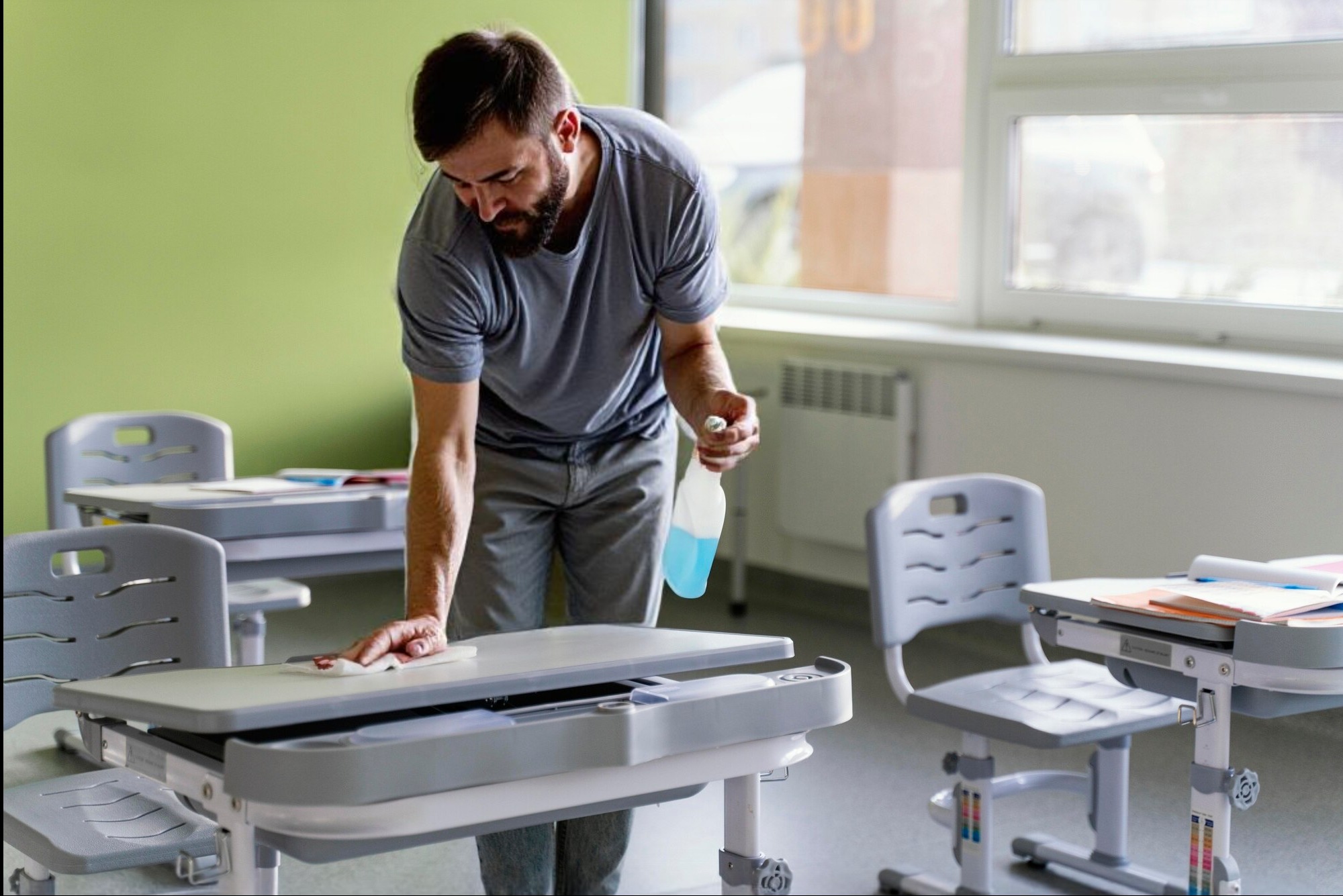 Mężczyzna z brodą, w szarej koszulce, czyści wilgotną ściereczką blat szkolnej ławki, spryskując go płynem z białej butelki z niebieską zawartością. W tle zielona ściana i okno z grzejnikiem.