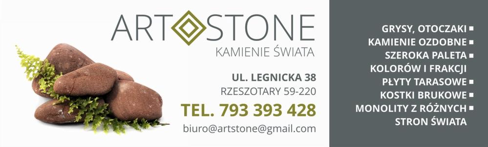 Logo Art Stone: brązowe kamienie otoczone zielenią, adres firmy i oferta - grysy, kamienie ozdobne, kostki brukowe, płyty tarasowe i monolity.