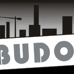 Logo firmy MT Budowa z sylwetką miasta i dźwigiem na szarym tle.