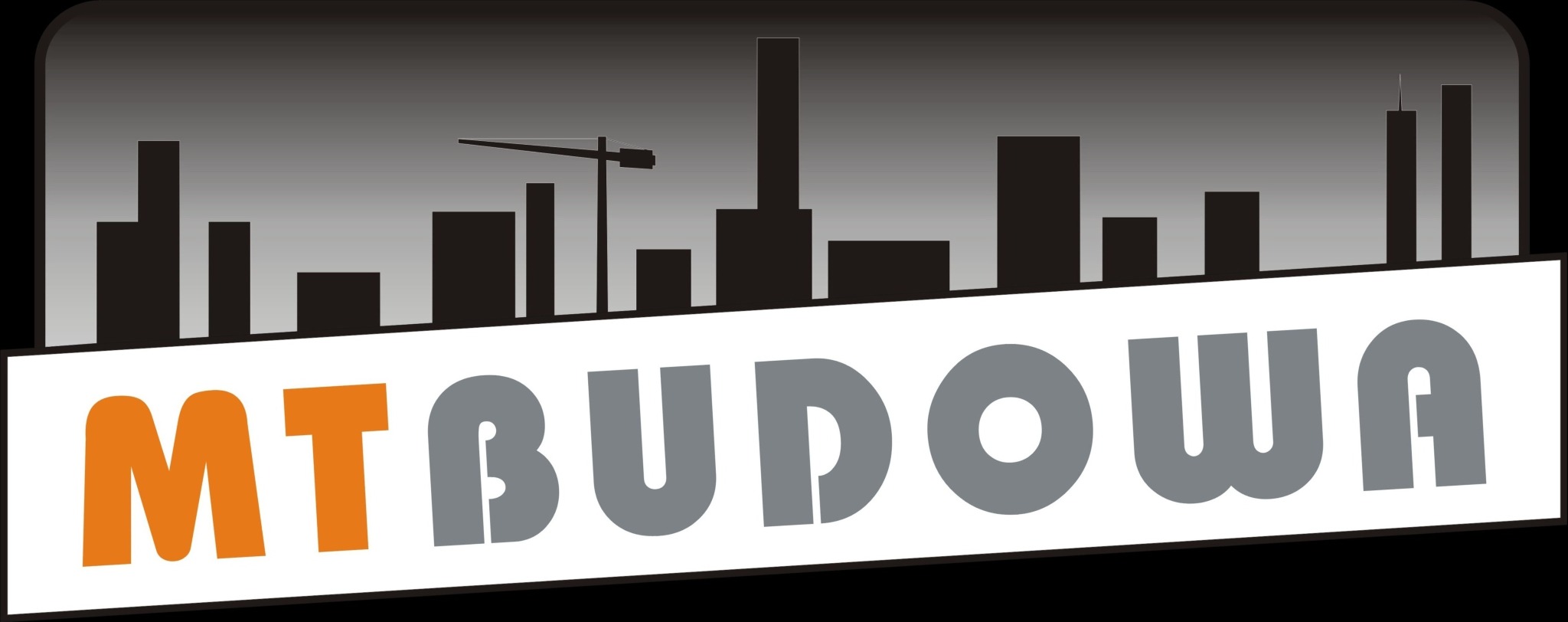 Logo firmy MT Budowa z sylwetką miasta i dźwigiem na szarym tle.