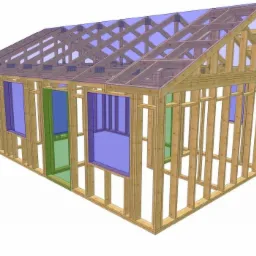 Wizualizacja 3D szkieletu budynku z drewnianą konstrukcją nośną, widoczne otwory okienne i drzwiowe, dach w trakcie budowy.