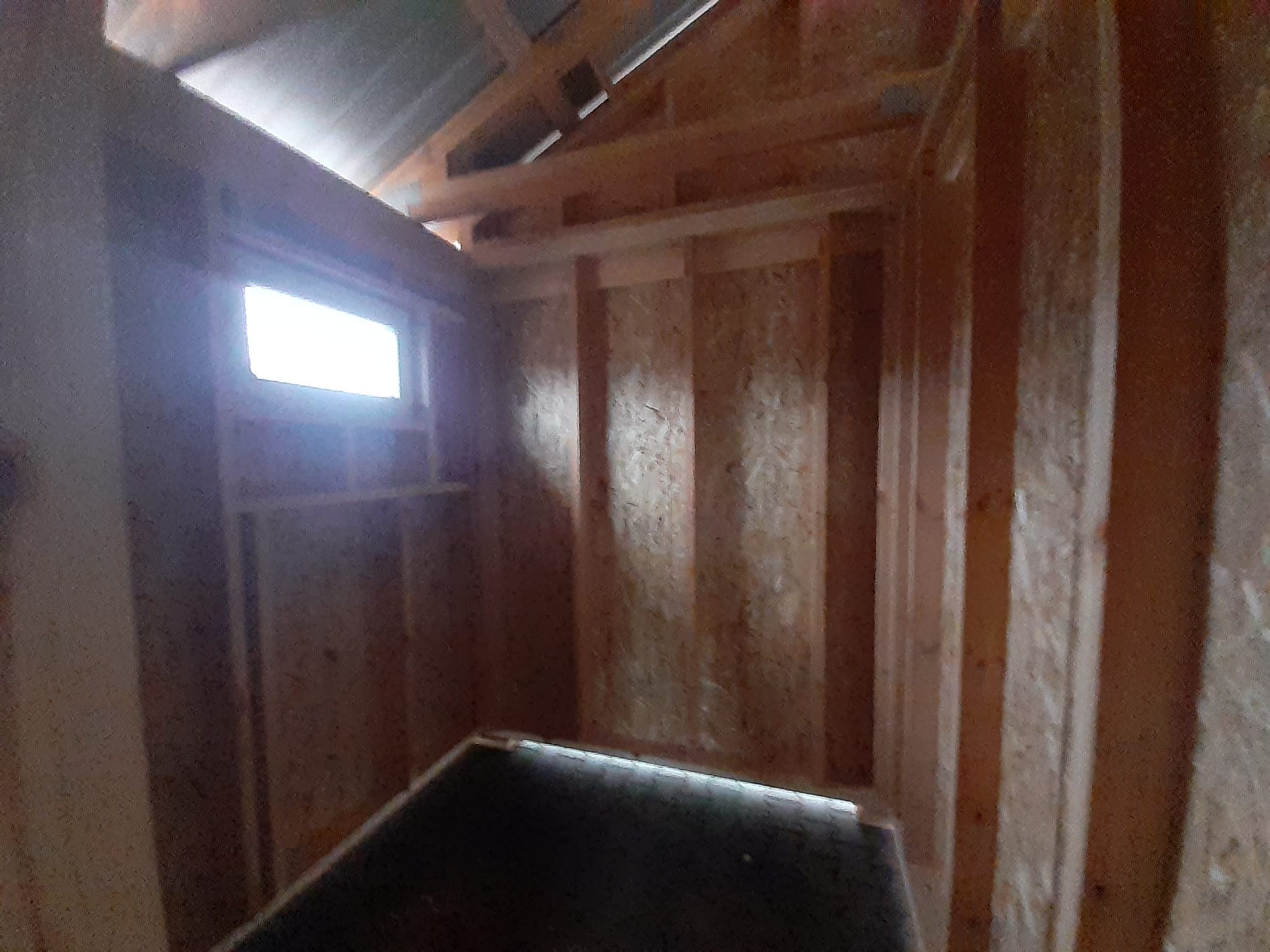 Wnętrze w trakcie budowy: drewniana konstrukcja ścian z widocznym oknem i fragmentem dachu z blachy falistej.