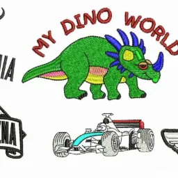 Kolekcja haftowanych wzorów: dinozaur, żółw, bolid F1, logo turystyczne i gastronomiczne. Precyzyjne detale, różnorodność motywów. Idealne do personalizacji odzieży.