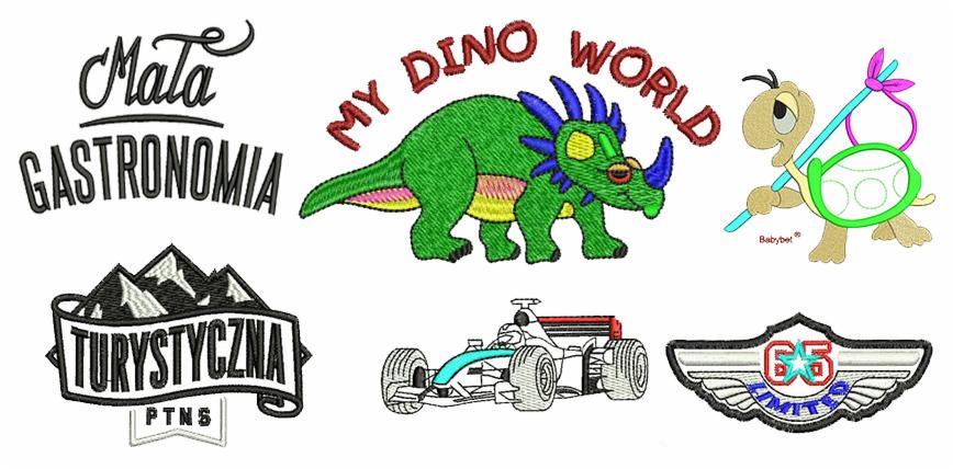 Kolekcja haftowanych wzorów: dinozaur, żółw, bolid F1, logo turystyczne i gastronomiczne. Precyzyjne detale, różnorodność motywów. Idealne do personalizacji odzieży.