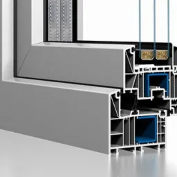 Przekrój profilu okiennego DPB-82, prezentujący wielokomorową konstrukcję z uszczelkami i wkładami izolacyjnymi.