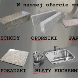 Prezentacja oferty Gravelpack: schody, oporniki, parapety, krawężniki, posadzki, blaty kuchenne i kostka granitowa na szarym tle.