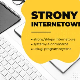 Grafika reklamowa: białe biurko z klawiaturą, notatnikiem, okularami i ż&oacute;łtą plamą z napisem 'STRONY INTERNETOWE', 'strony/sklepy internetowe', 'systemy e-commerce', 'usługi programistyczne'.