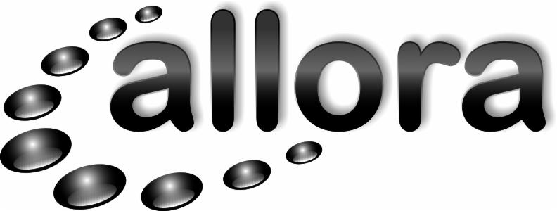 Czarny, gradientowy napis 'allora' otoczony stylizowanymi kroplami wody, tworzący logo firmy.