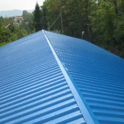 Niebieski dach z blachy trapezowej, z równomiernymi przetłoczeniami, wykonany w Ustroniu. W tle zieleń drzew i zabudowania.