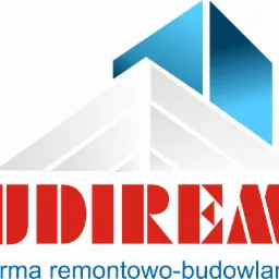 Logo firmy remontowo-budowlanej BUDIREMO w kolorach czerwonym, białym i niebieskim. Grafika przedstawia stylizowany budynek.