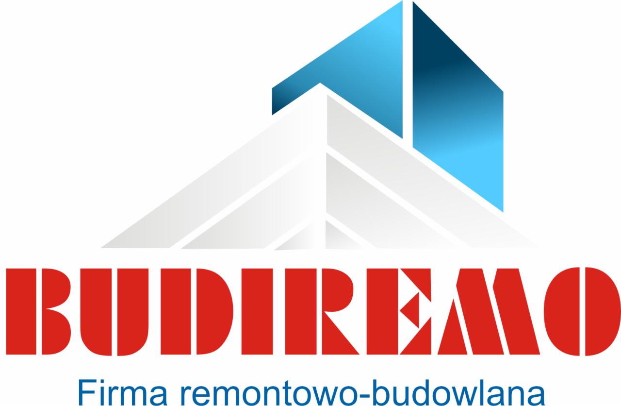 Logo firmy remontowo-budowlanej BUDIREMO w kolorach czerwonym, białym i niebieskim. Grafika przedstawia stylizowany budynek.