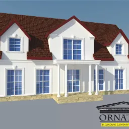 Wizualizacja domu z białymi ścianami, dekoracyjnymi elementami elewacyjnymi i brązowym dachem, prezentowana z logo firmy ORNATUM.