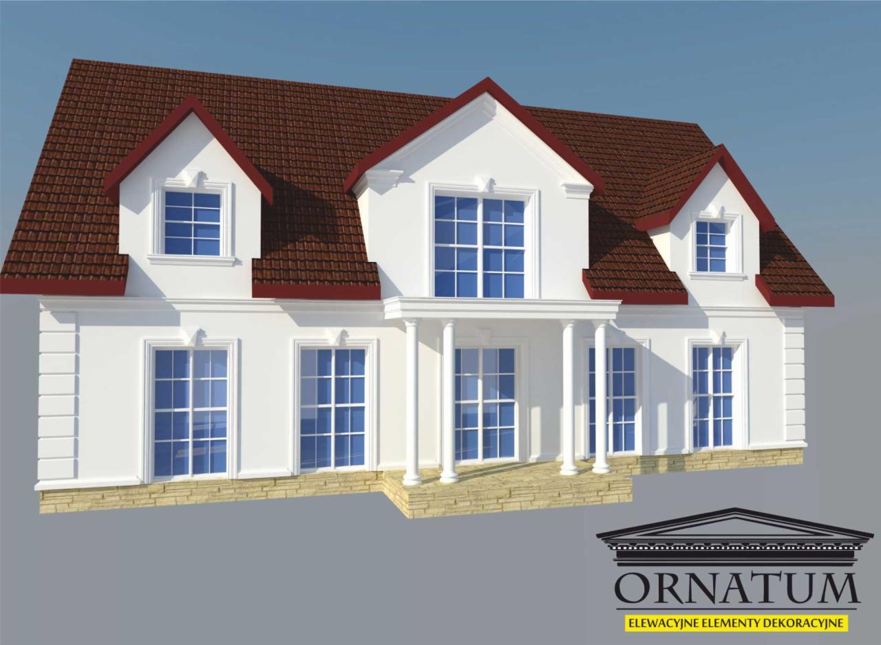 Wizualizacja domu z białymi ścianami, dekoracyjnymi elementami elewacyjnymi i brązowym dachem, prezentowana z logo firmy ORNATUM.