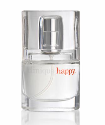 Flakon perfum Clinique Happy na białym tle. Przezroczysta butelka z srebrnym atomizerem. Widoczne logo 'happy.' w kolorze czerwonym.