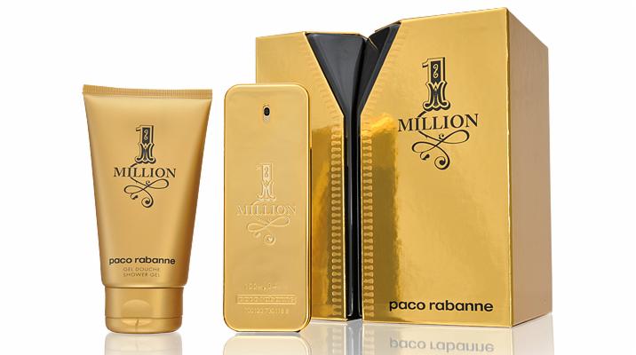 Złoty zestaw kosmetyków Paco Rabanne Million w Łodzi: żel pod prysznic, woda toaletowa i eleganckie opakowanie. Precyzyjne ujęcie detali i połysku.