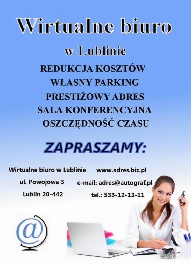 Plakat reklamowy wirtualnego biura w Lublinie z adresem, numerem telefonu i uśmiechniętą kobietą przy biurku z laptopem. Oferta: redukcja kosztów, parking, sala konferencyjna.