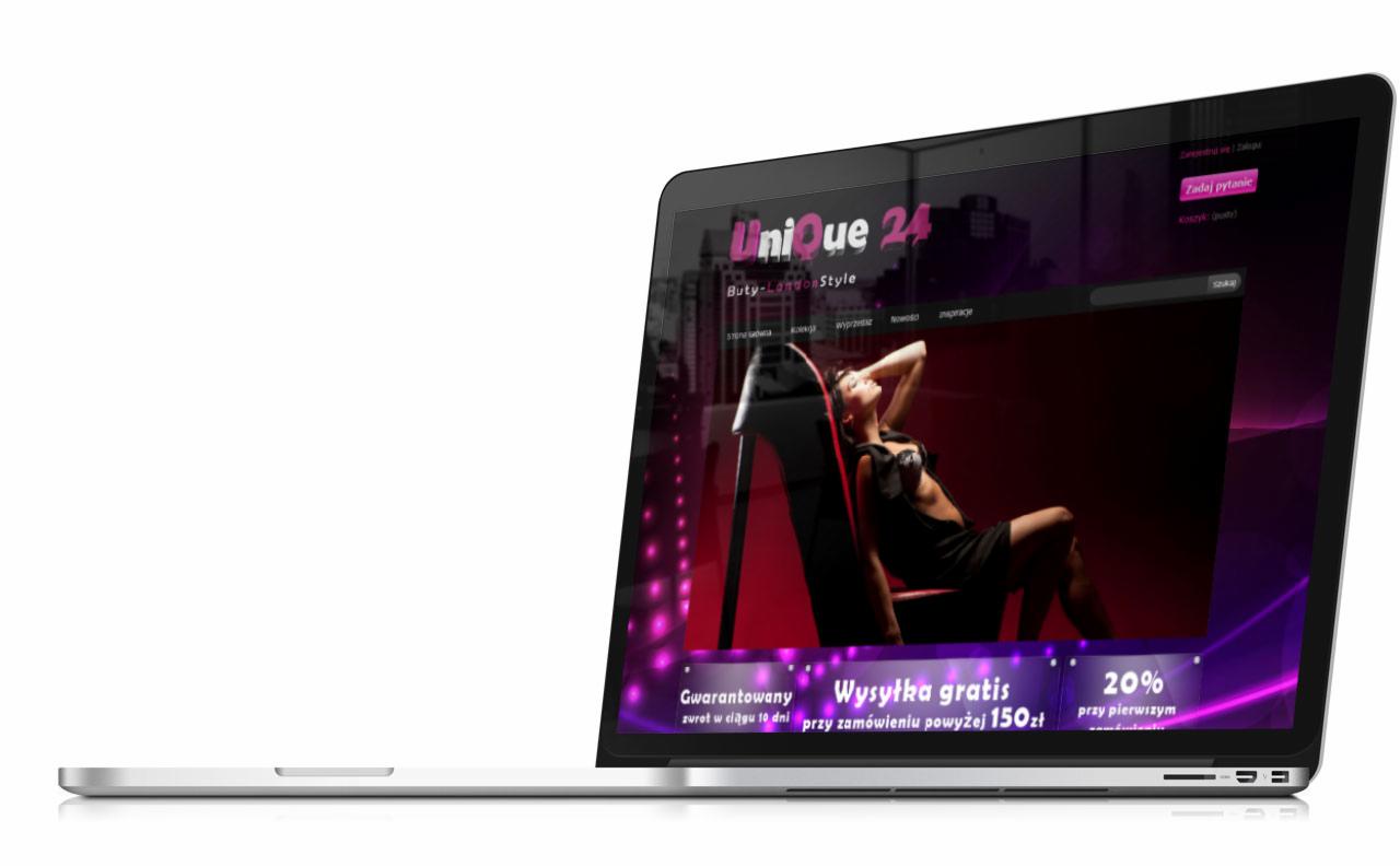 Laptop wyświetlający stronę sklepu internetowego z butami Unique 24, oferującego bezpłatną wysyłkę od 150 zł, prezentowany w Kołobrzegu.