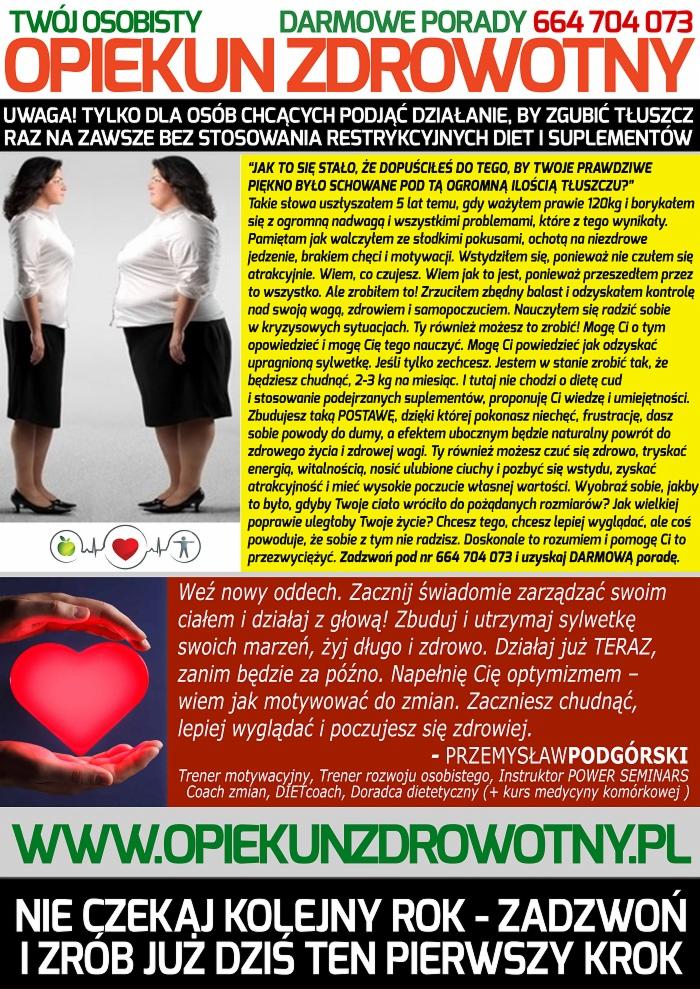 Plakat z przemianą kobiety, oferta trenera motywacyjnego i dietetyka. Tekst o zdrowym odżywianiu i odzyskaniu sylwetki. Kontakt telefoniczny i adres strony internetowej.