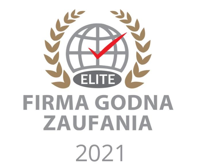 Logo 'Firma Godna Zaufania Elite 2021' z symbolem globu i czerwoną fajką otoczone wieńcem.