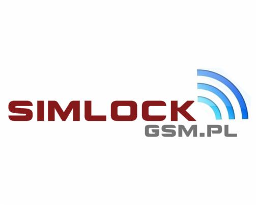 Logo SIMLOCK GSM.PL. Czerwony napis SIMLOCK, pod nim szary GSM.PL. Obok niebieski symbol fal.