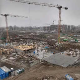 Szeroki kadr na plac budowy z widocznymi fundamentami, szalunkami, żurawiami i pompą do betonu w pochmurny dzień.