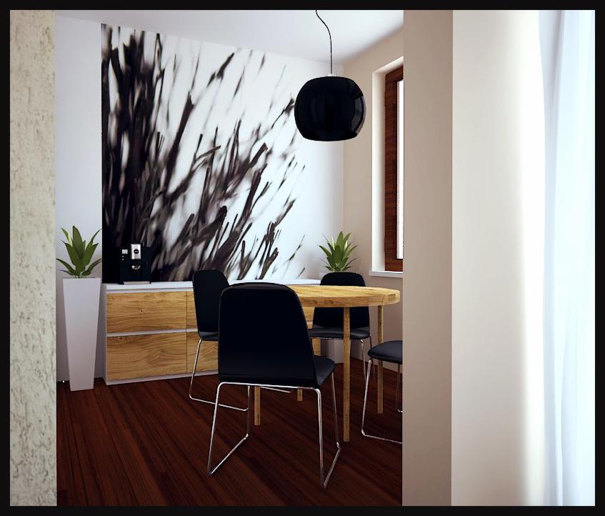 Jasne wnętrze z okrągłym drewnianym stołem i czarnymi krzesłami. Na ścianie abstrakcyjna grafika, a obok okna stoi roślina w białej donicy.