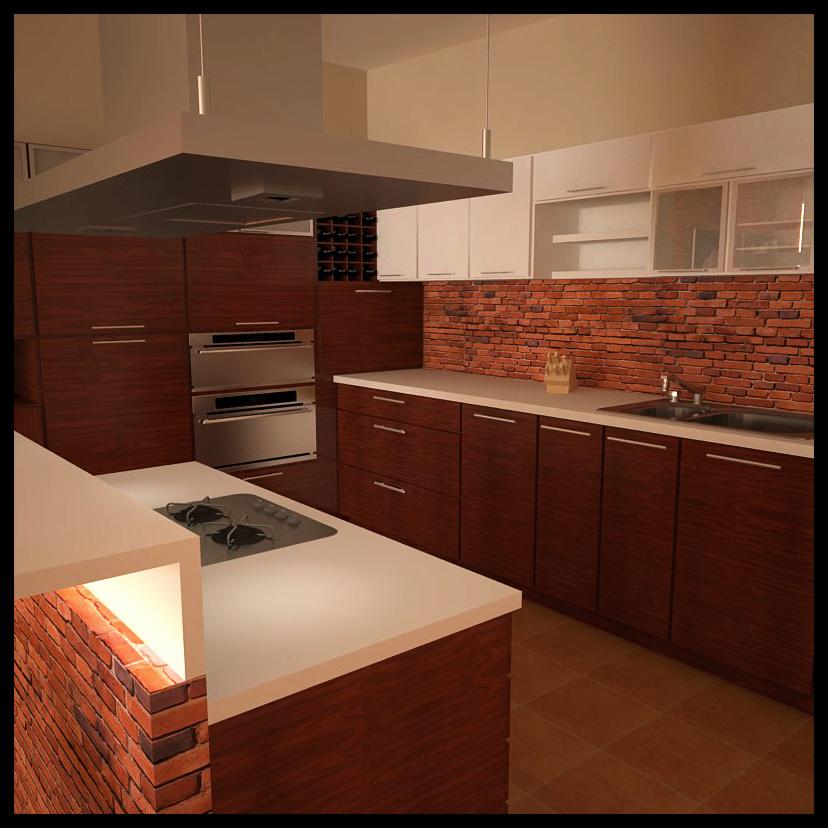 Nowoczesna kuchnia z elementami cegły: zabudowa z ciemnego drewna, białe blaty, płyta grzewcza i piekarnik. Ceglana ściana nad blatem dodaje charakteru.