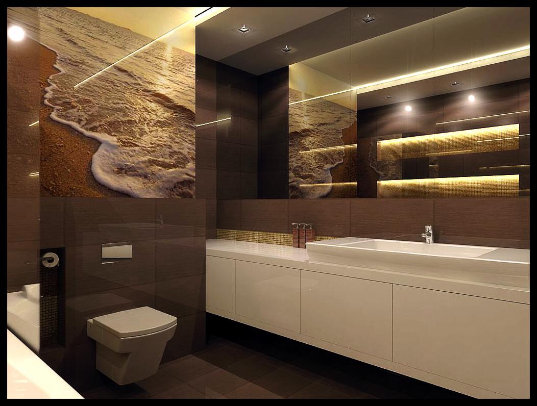 Nowoczesna łazienka z brązowymi płytkami, białymi szafkami i fototapetą z motywem morza. Lustro z oświetleniem LED.