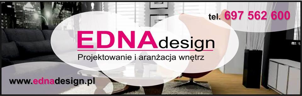 Banner firmy Edna Design z aranżacją wnętrza: sofa, fotel, stolik i widok na miasto w tle. Kontakt: www.ednadesign.pl, tel. 697 562 600.