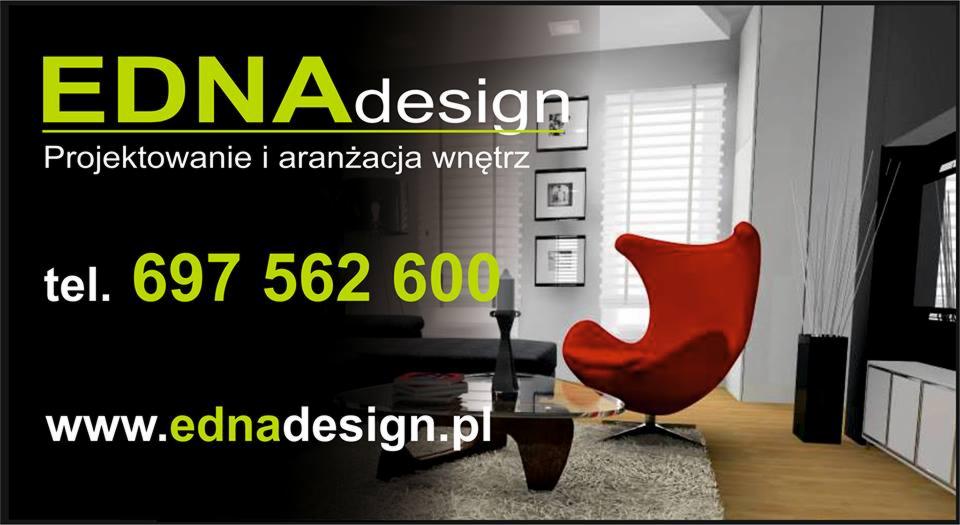 Wizualizacja wnętrza z czerwonym fotelem Egg, stolikiem kawowym i dekoracjami. Widoczne logo, adres strony www i numer telefonu firmy projektującej wnętrza.