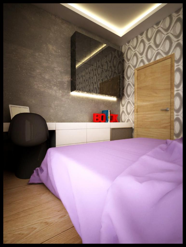 Nowoczesna sypialnia: fioletowa pościel, drewniana podłoga, ściana z fakturą, szafka z podświetleniem LED i dekoracyjna tapeta w geometryczne wzory.