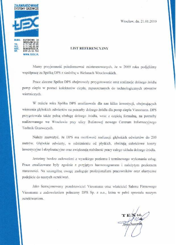 List referencyjny firmy TEX S.C. z Wrocławia, potwierdzający współpracę z DPS Sp. z o.o. w zakresie dolnego źródła pomp ciepła i głębokich odwiertów.