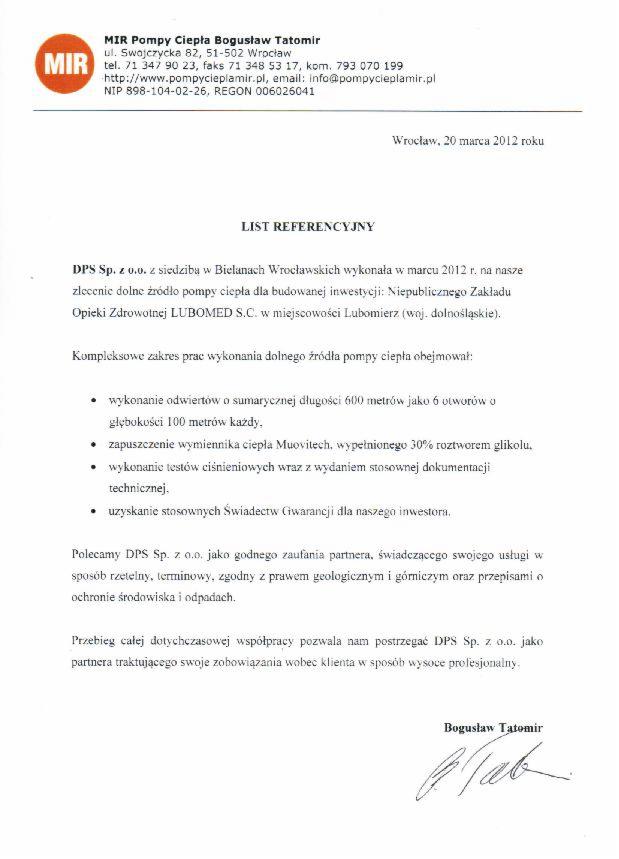 Skan listu referencyjnego dla MIR Pompy Ciepła, potwierdzającego wykonanie dolnego źródła pompy ciepła dla LUBOMED S.C. w 2012 roku.