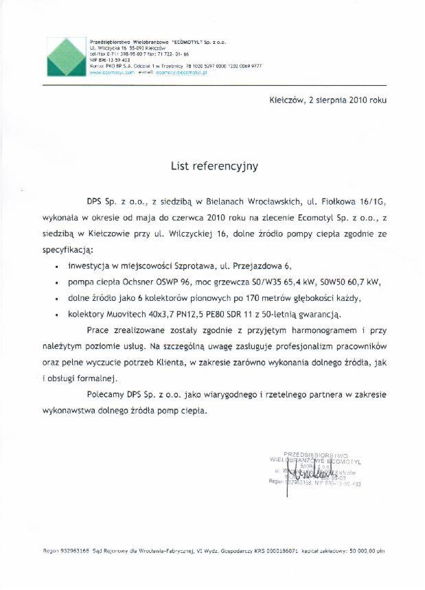 Skan listu referencyjnego z 2010 roku dla DPS Sp. z o.o. za wykonanie dolnego źródła pompy ciepła na zlecenie Ecomotyl Sp. z o.o. w Szprotawie.