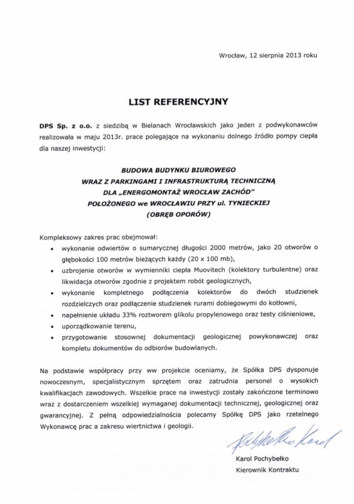 List referencyjny z 2013 roku dla DPS Sp. z o.o. za wykonanie dolnego źródła pompy ciepła dla budowy biurowca we Wrocławiu, podpisany przez Kierownika Kontraktu.