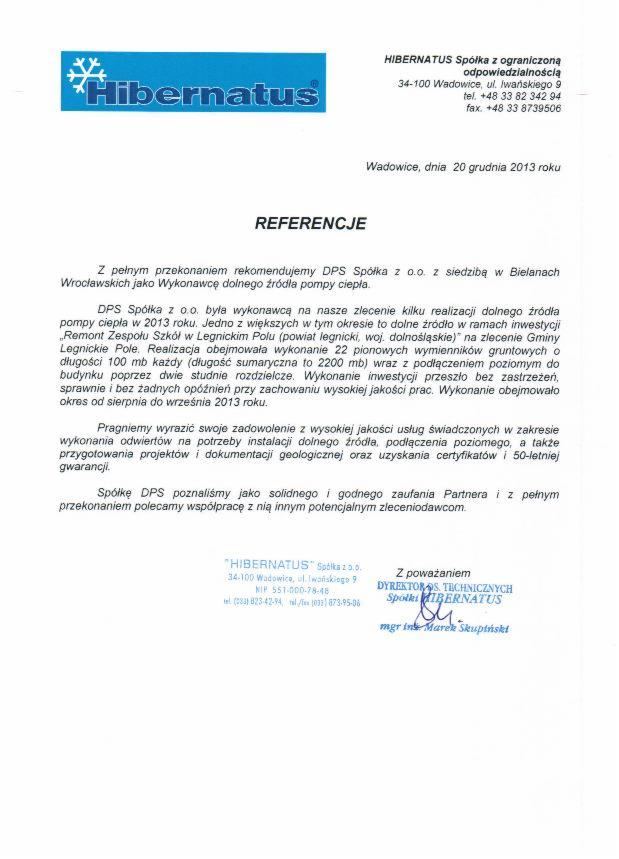 Skan dokumentu referencyjnego dla firmy Hibernatus, dotyczący wykonania dolnego źródła pompy ciepła, z datą 20 grudnia 2013. Zawiera logo i podpis.