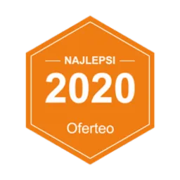 Pomarańczowy emblemat z napisem 'Najlepsi 2020 Oferteo' w białej ramce.