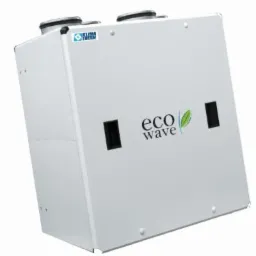 Biały rekuperator Eco Wave z logo Klima Therm, widoczny z boku, z czarnymi otworami wentylacyjnymi i okrągłymi wlotami powietrza na górze.