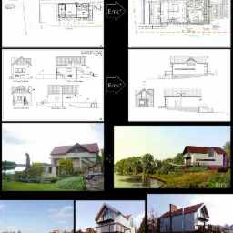 Wizualizacja domu jednorodzinnego z projektu Dorotowo, prezentująca rzut parteru, elewacje i widok z zewnątrz w otoczeniu jeziora, z uwzględnieniem zmian w istniejącym budynku.