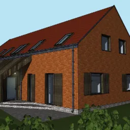 Wizualizacja domu jednorodzinnego z ceglaną elewacją, drewnianą dobudówką i czterema oknami dachowymi, otoczonego zielenią.