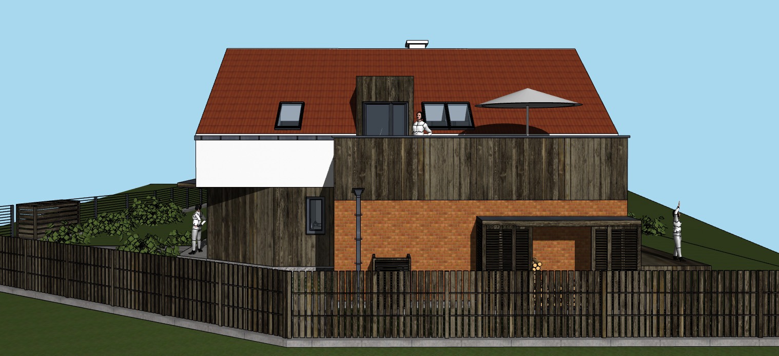 Wizualizacja domu dwukondygnacyjnego z płaskim dachem, drewnianą elewacją i tarasem na dachu, otoczonego drewnianym płotem i zielenią.