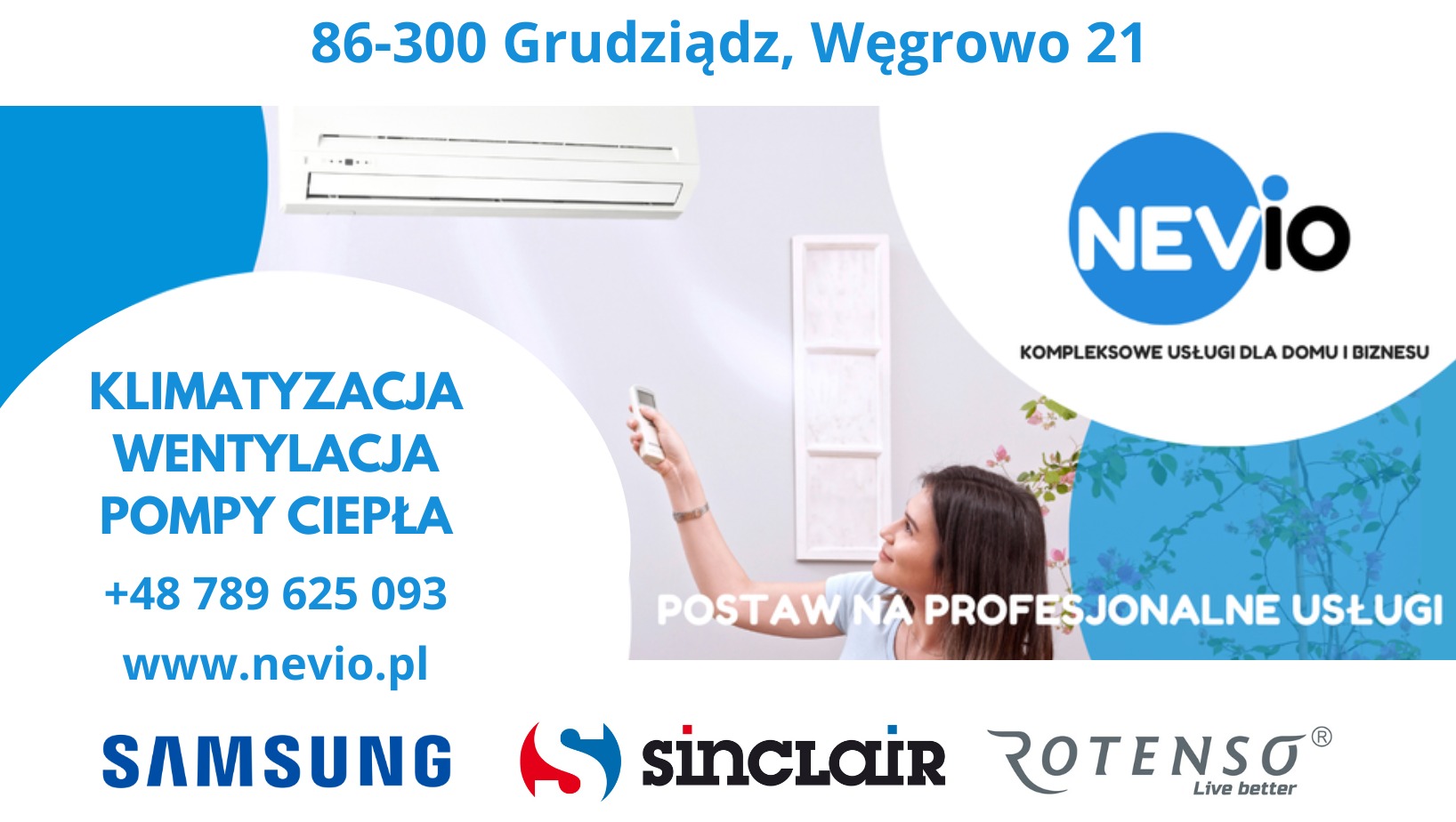 Grafika reklamowa firmy Nevio z Grudziądza oferującej usługi klimatyzacji, wentylacji i pomp ciepła, z wizerunkiem kobiety regulującej klimatyzator za pomocą pilota oraz logotypami Samsung...