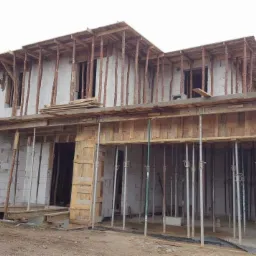 Surowy stan rozbudowy domu z białych bloczków, z widocznym drewnianym szalunkiem i metalowymi podporami, teren budowy z resztkami materiałów.