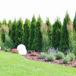 Starannie zaaranżowany ogród z równo przyciętym trawnikiem, szpalerem zielonych tuj, ozdobnymi trawami, kulistymi lampami ogrodowymi i rabatami z lawendy oraz kory.