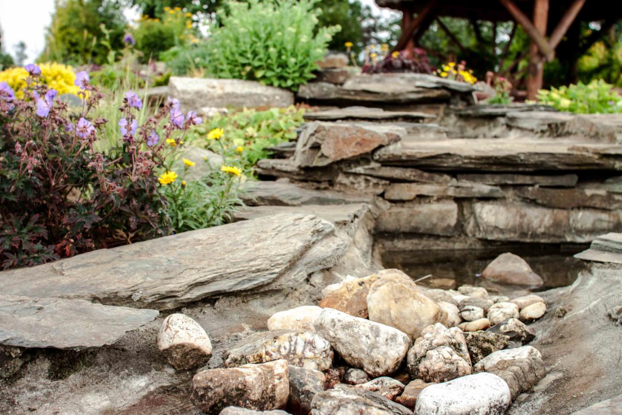 Ogród skalny z kaskadą wodną, zbudowany z płaskich kamieni i obłych otoczaków, otoczony kwitnącymi roślinami w odcieniach fioletu i żółci, z drewnianą konstrukcją w tle.