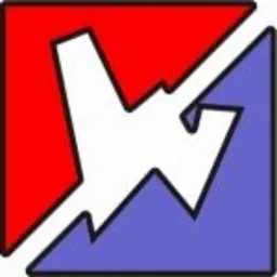 Logo z czerwonym i niebieskim trójkątem, przeciętymi białym zygzakiem. Ciemna obwódka.