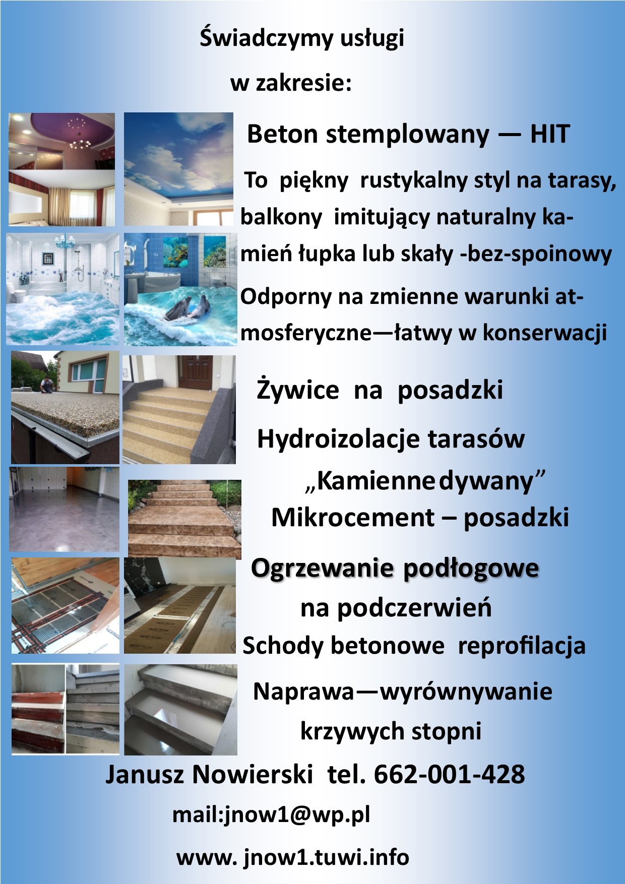 Plakat reklamowy firmy budowlanej oferującej beton stemplowany, posadzki żywiczne, mikrocement, kamienne dywany, ogrzewanie podłogowe, schody betonowe i naprawę krzywych stopni.